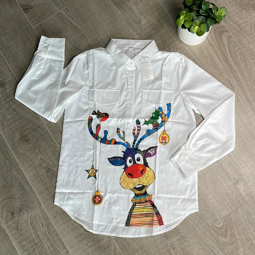 NWT REINDEER White Long Sleeve Button Front Dress Shirt Women’s Size Medium